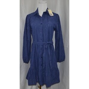 NWT American Flirt Eyelet‎ Blue Dress, Ruffle Dress Long Sleeve Belt Tie Size M